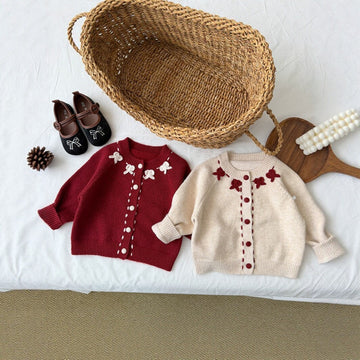 キッズ リボン 立体 刺繍 モチーフ ニット カーディガン【mh0014526】