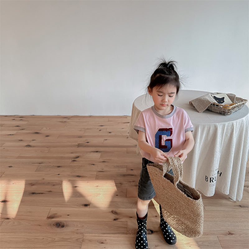 Kids' Alphabet Patchwork Applique Ringer Loose Short-Sleeved T-Shirt [mh0001820]