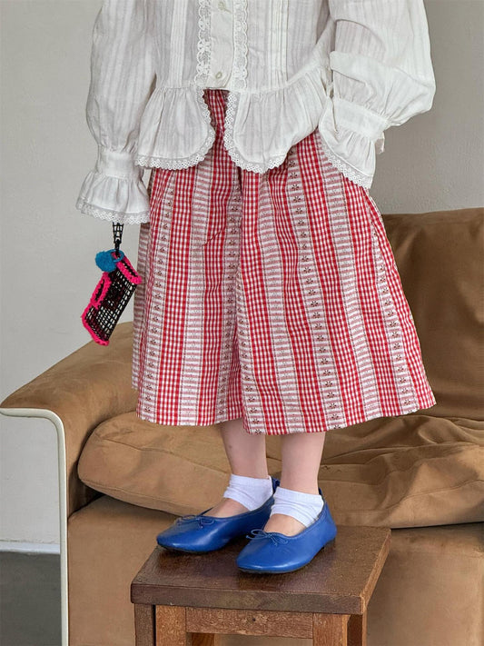 Floral Embroidered Gingham Plaid Capri Pants