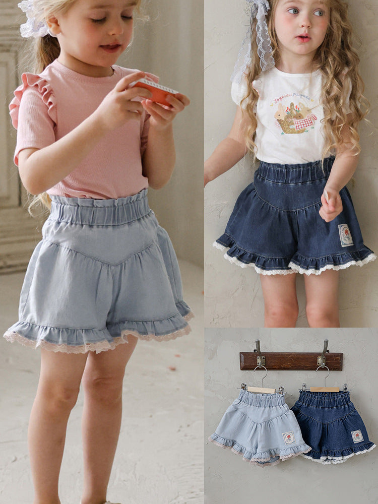 Lace Print Denim Shorts フリル デニムショートパンツ【mh0012981】