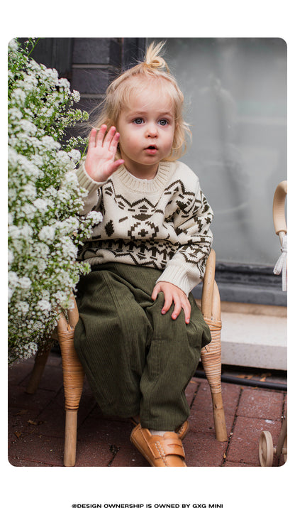 -長袖ニットセーター フェアアイル柄 北欧風 クルーネック プルオーバー【mh0011307】 - mamahalo shop - ニット・セーター -  べビー服 - 子供服 - 男の子 - 女の子