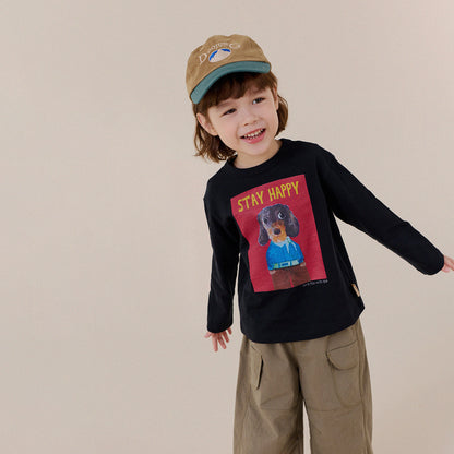 キッズ長袖Tシャツ（ブラック）ドッグプリントのフロント
