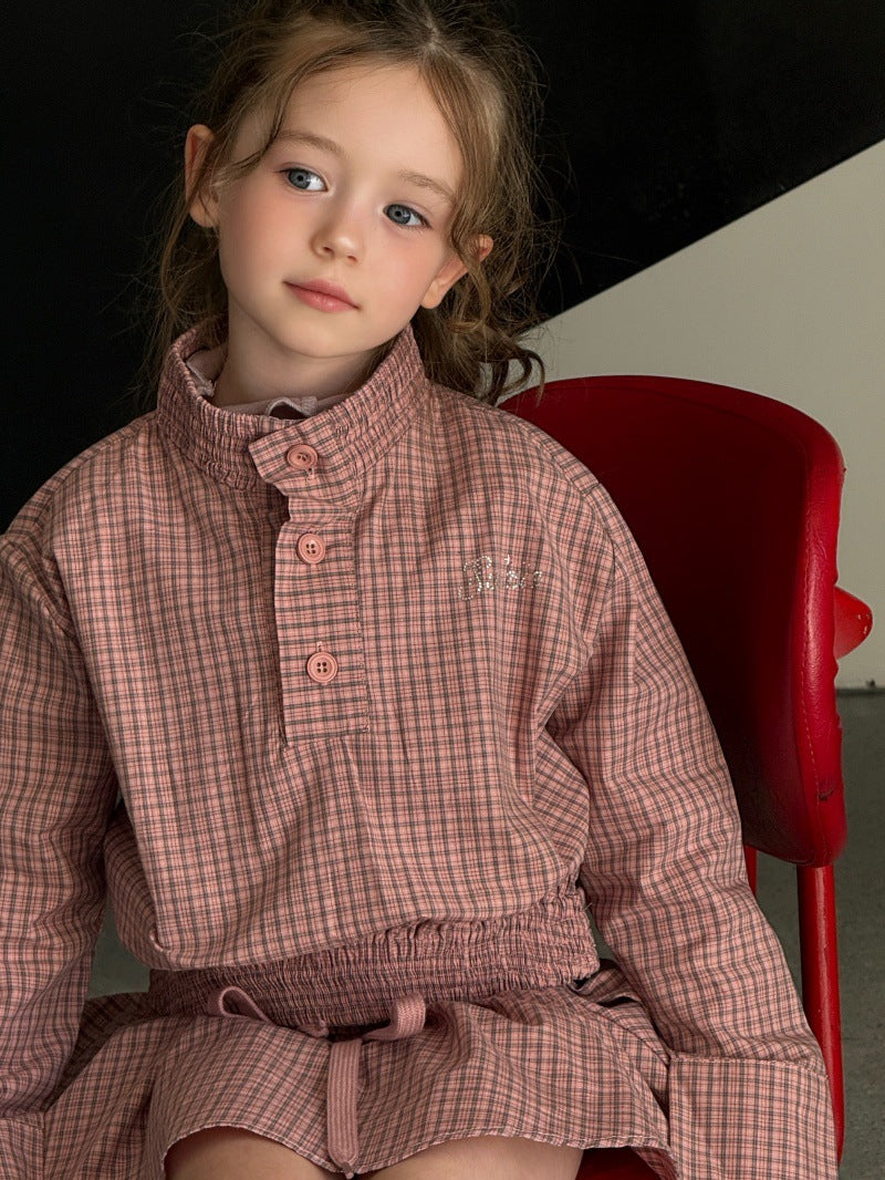 Kids' Plaid Stand-Collar Ruffled Long-Sleeve Shirt and Miniskirt Set [mh0014078]