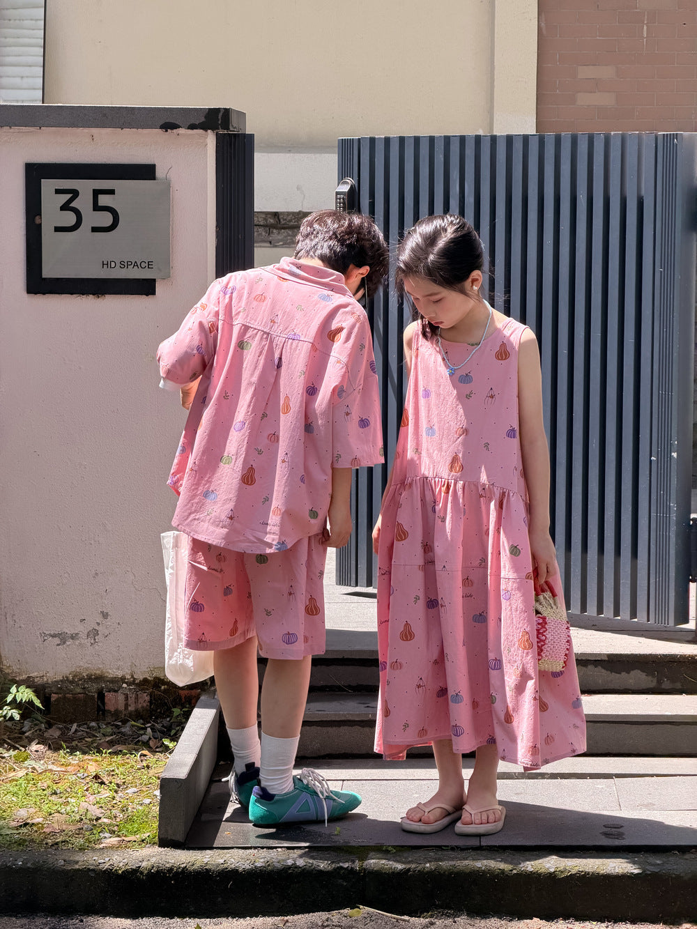 Pumpkin Mixed Vegetable Print Set Dress ベジタブル 半袖シャツ ハーフパンツ ノースリーブワンピース【mh0013527】