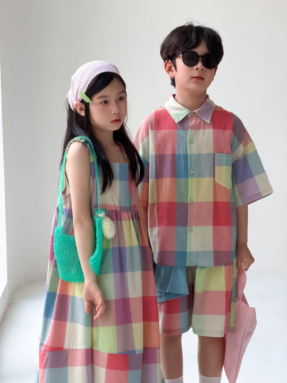 Gingham Multi Colored Dress Shirt Shorts Set ノースリーブワンピース 半袖シャツ パンツ【mh0013523】