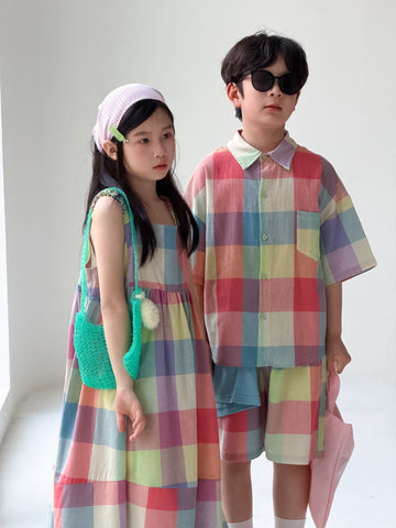 Gingham Multi Colored Dress Shirt Shorts Set ノースリーブワンピース 半袖シャツ パンツ【mh0013523】