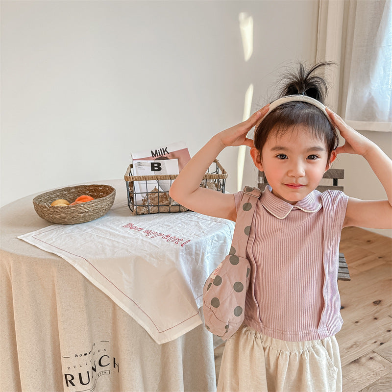 Kids' Ribbed Sleeveless T-shirt with Collar and Round Neck【mh0001795】