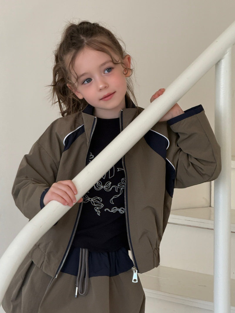 Kids' Colorblock Stand-Collar Long-Sleeve Jacket & Mini Skirt Set [mh0014079]