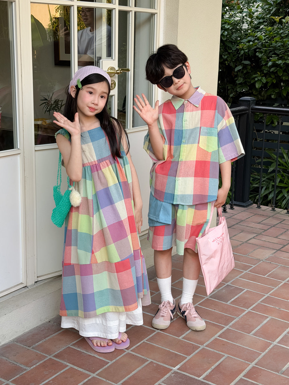Gingham Multi Colored Dress Shirt Shorts Set ノースリーブワンピース 半袖シャツ パンツ【mh0013523】