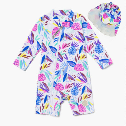 Long-sleeve Diagonal Zipper One-piece Beach Sun Protection Surf Suit ボタニカル 長袖水着 帽子セット【mh0013316】