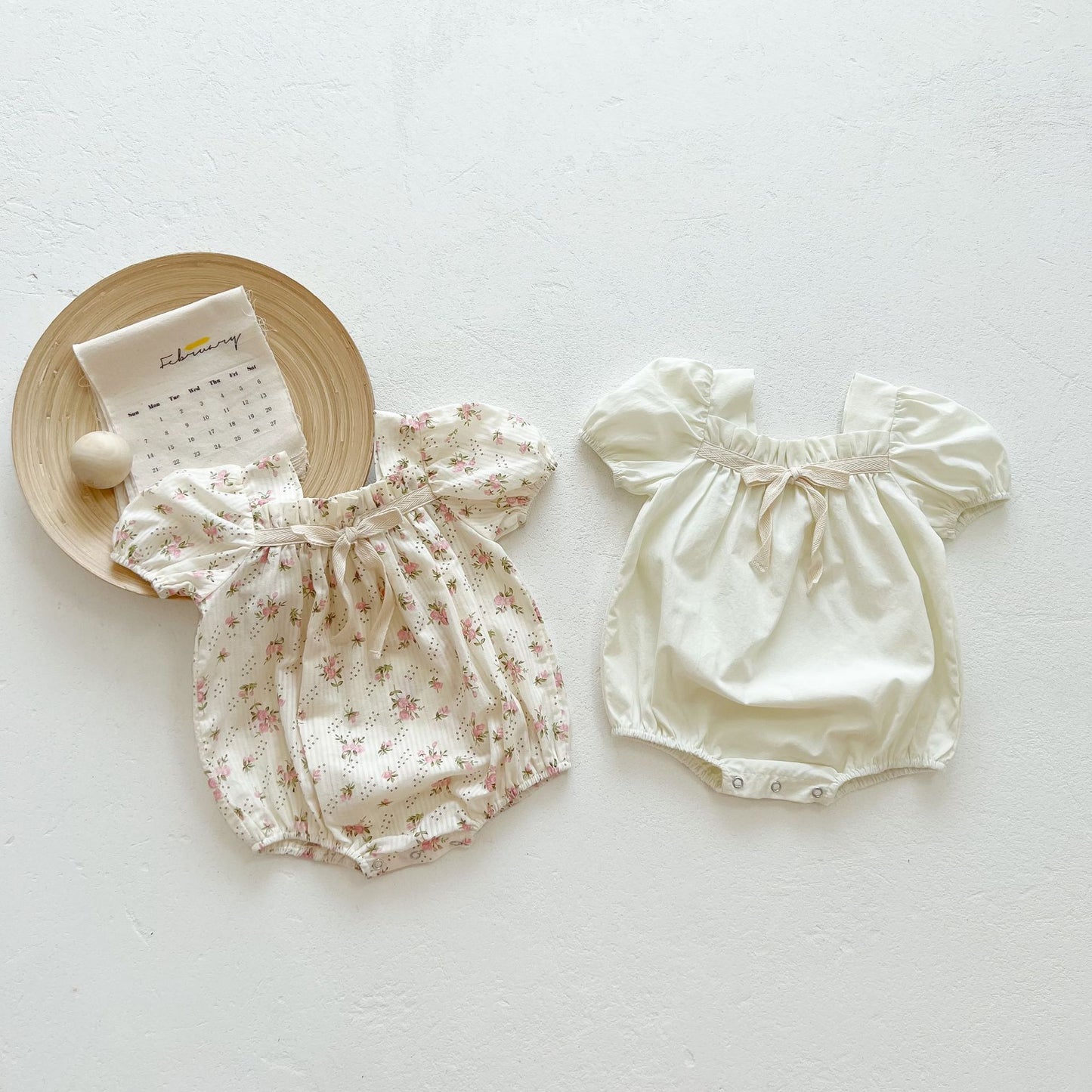 Baby Floral Solid Ribbon Short/Long Sleeve Romper [mh0000723]