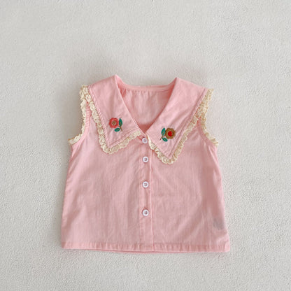 ピンクの花刺繍レース襟フリルノースリーブシャツ、ボタン留め