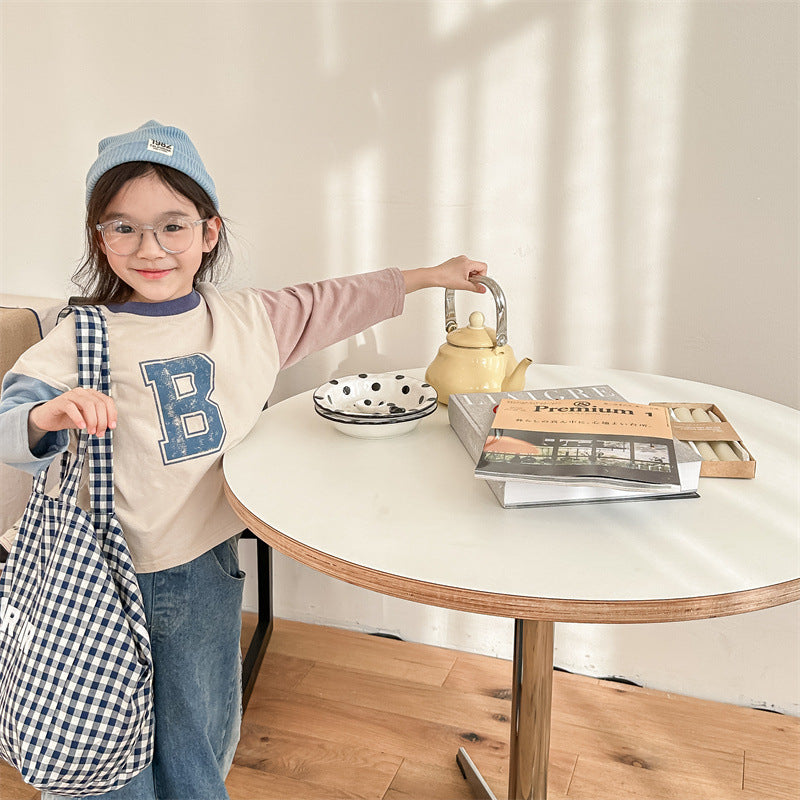 Kids Tops Long Sleeve T-Shirt Patchwork Letter Logo Print 2 Colors
