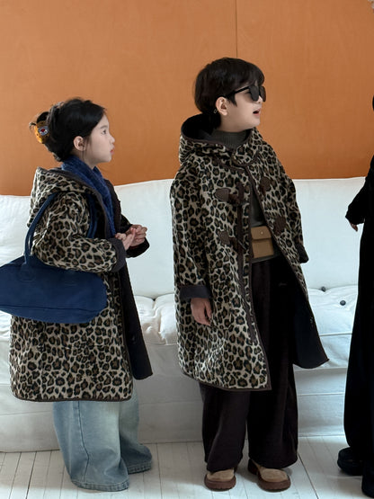 ダッフルコート キッズ レオパード柄 中綿 裏起毛 フード付 ロング丈【mh0011678】