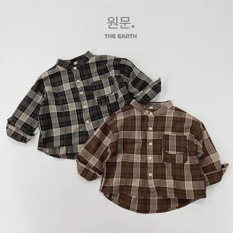キッズ チェック バンドカラー ルーズ 長袖シャツ【mh0013930】