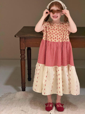 Gingham Floral Tiered Dress 花柄 ギンガム 半袖ワンピース【mh0012873】