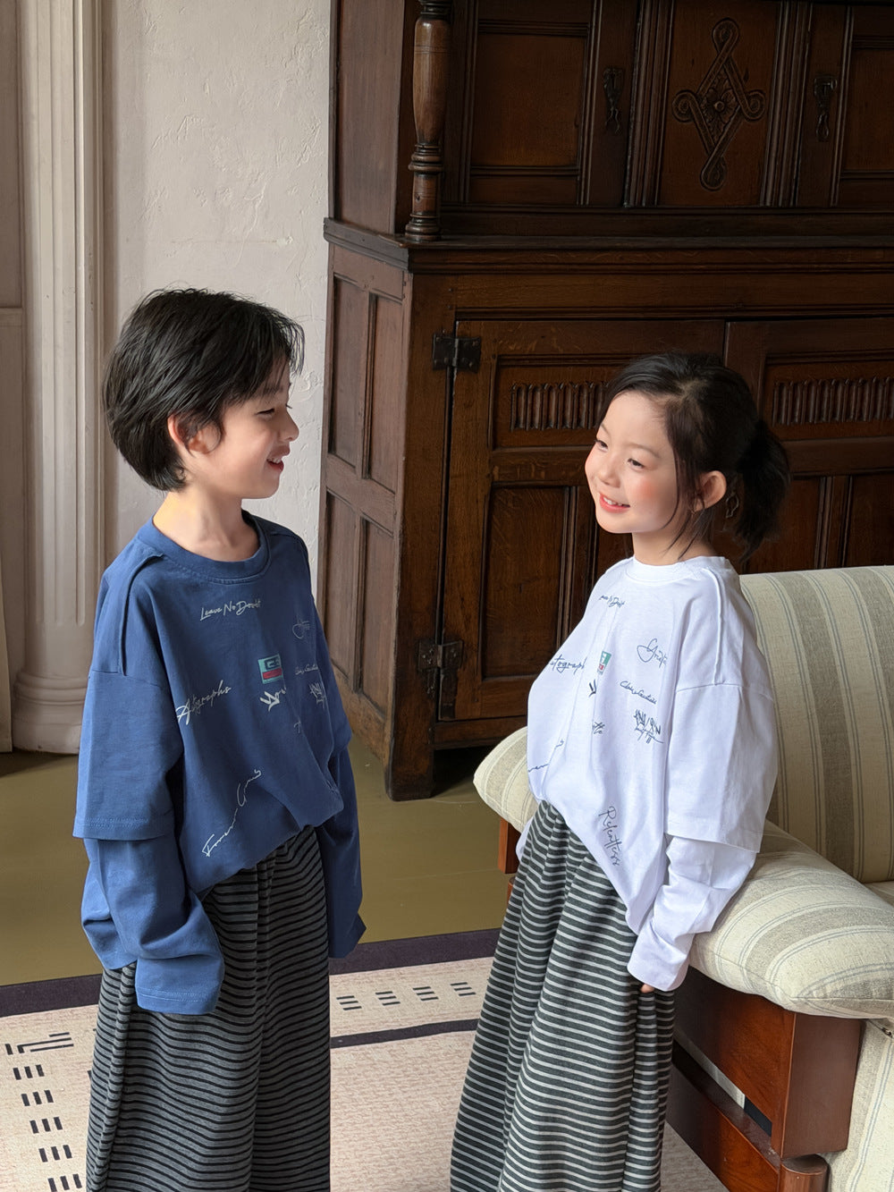 キッズ 英字 プリント レイヤード風 ドッキング ルーズ 長袖Tシャツ【mh0013911】