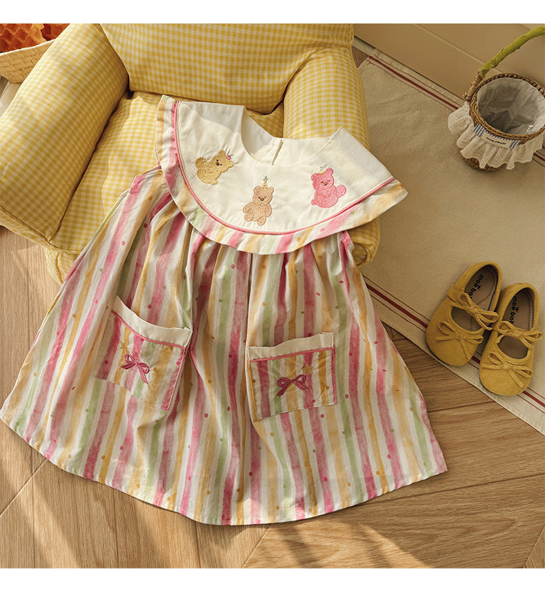 Embroidered Bear Stripe Dress ストライプ ノースリーブワンピース【mh0013652】