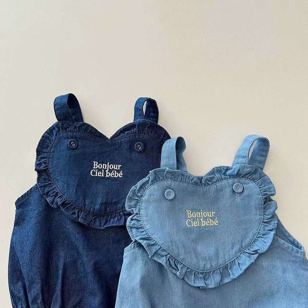 ベビー デニム ハート フリル レターロゴ 刺繍 サロペット ロンパース【mh0001838】