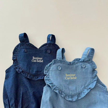 ベビー デニム ハートフリル刺繍サロペット（濃紺＆ライトブルー）ハートビブ付き