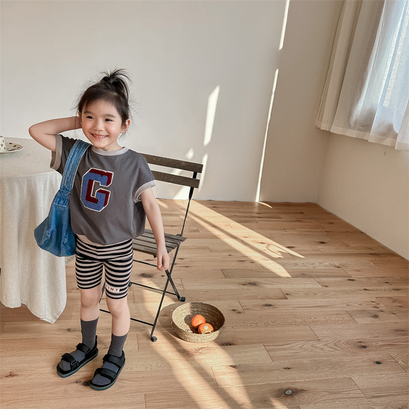 Kids' Alphabet Patchwork Applique Ringer Loose Short-Sleeved T-Shirt [mh0001820]