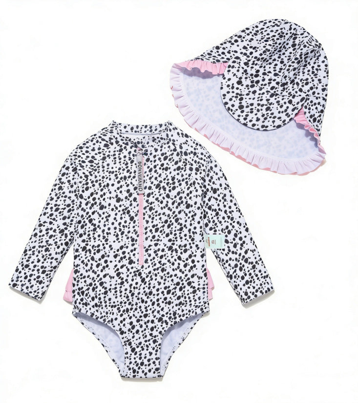 Baby Girls One-piece Sun Protection Surf Suit ボタニカル 長袖水着 帽子セット【mh0013317】