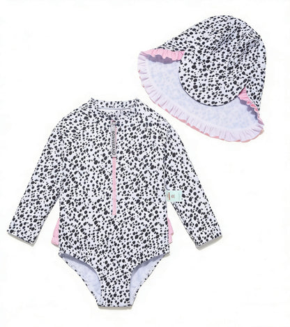 Baby Girls One-piece Sun Protection Surf Suit ボタニカル 長袖水着 帽子セット【mh0013317】