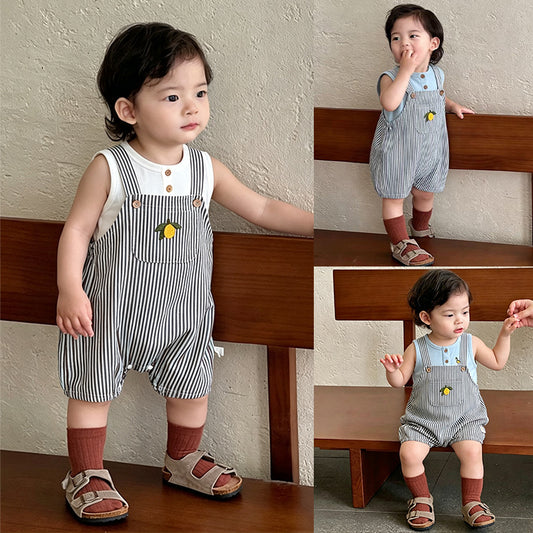 Lemon Striped Bib Shorts ストライプ 刺繍サロペット【mh0013036】