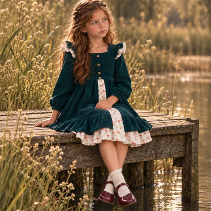Vestido princesa lolita de pana con flores y bloques de color para niña, primavera/otoño 2027, estilo JK de dos piezas falso【mh0014745】