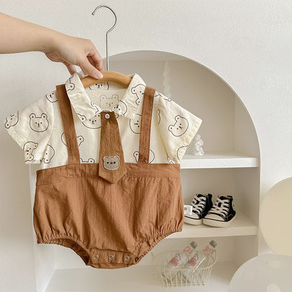 ベビーロンパース 半袖ドッキングボディスーツ ネクタイ ベアくまプリント【mh0005503】