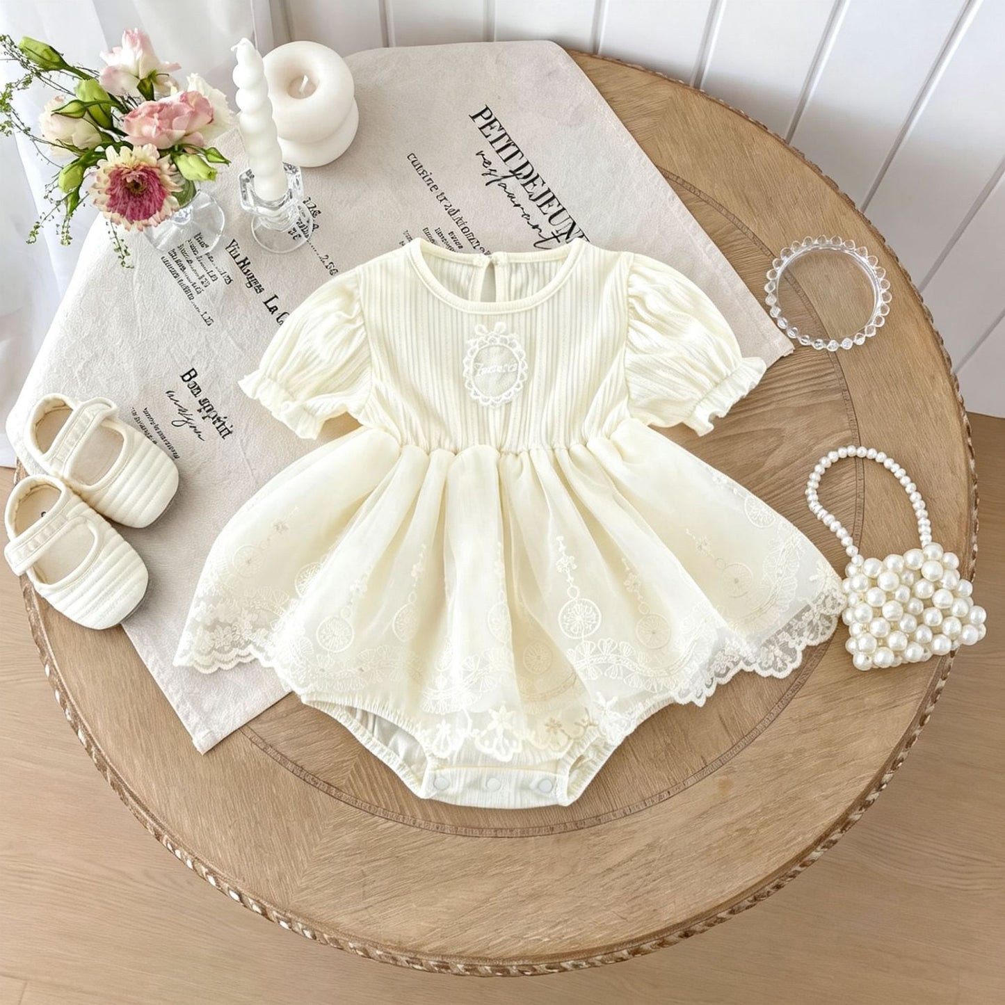 Lace Ruffle Mesh Patchwork Puff Sleeve Romper レース 半袖ロンパース【mh0013433】