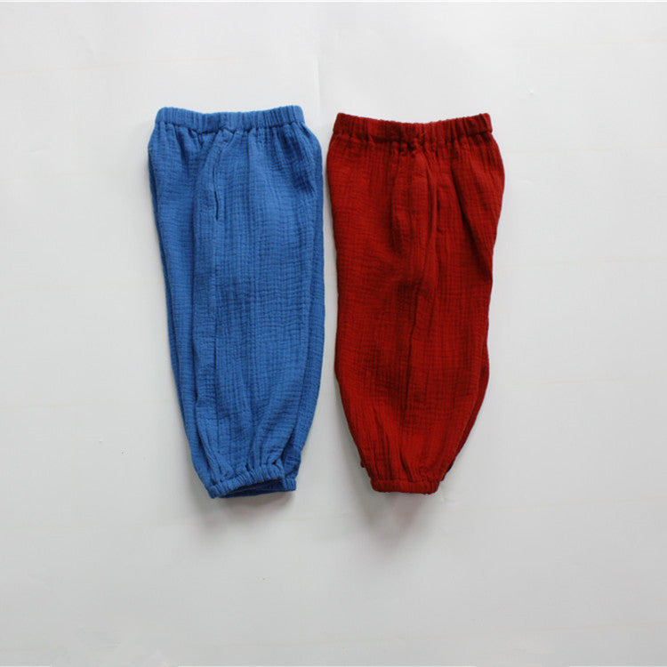 キッズ ロングパンツ（ブルー＆レッド）ウエストゴム、裾を絞ったデザイン