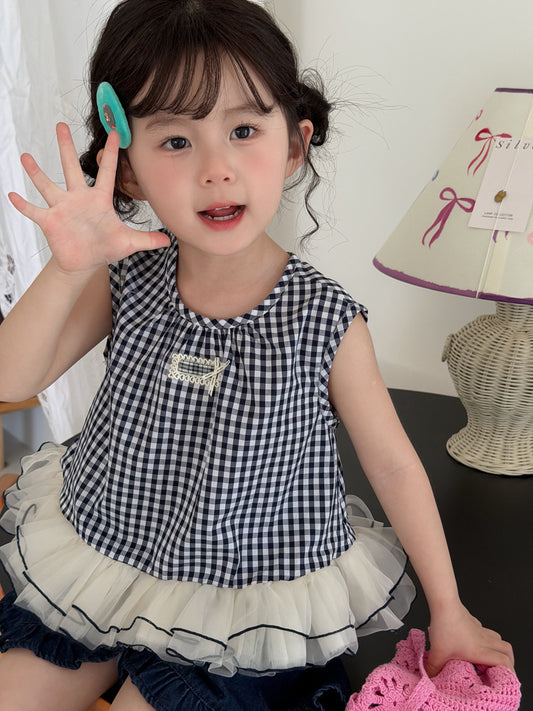 Plaid Tulle Hem Tank Top Gingham Check Tulle Sleeveless Blouse [mh0012758]