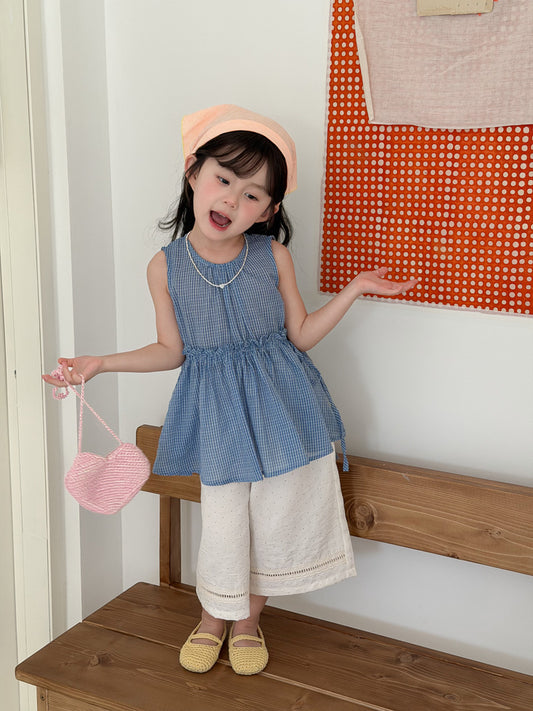 Blue Gingham Sleeveless Peplum Tunic [mh0012746]