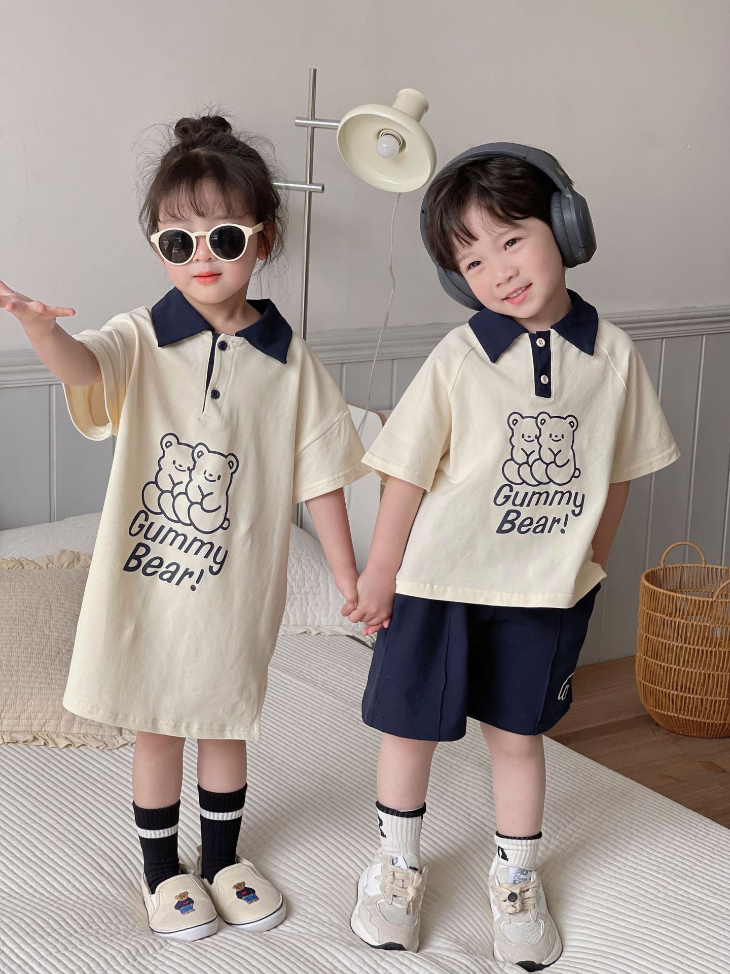 Polo de manga corta con estampado de osos para niños, pantalones cortos y vestido [mh0001950]