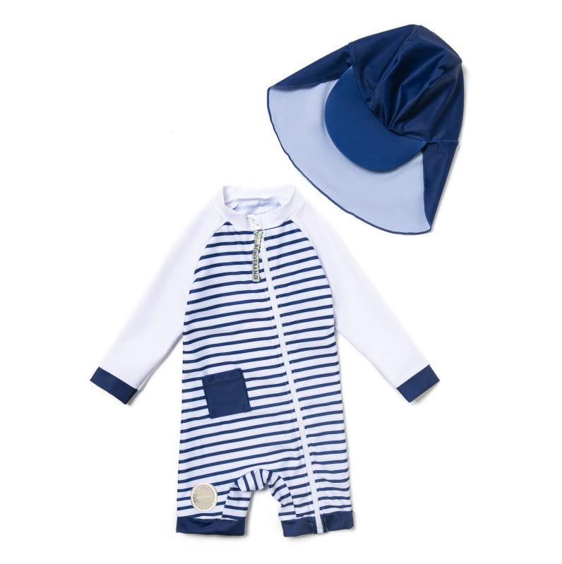 One-Piece Surf Wear With Matching Cap プリント 長袖水着 帽子セット【mh0013315】