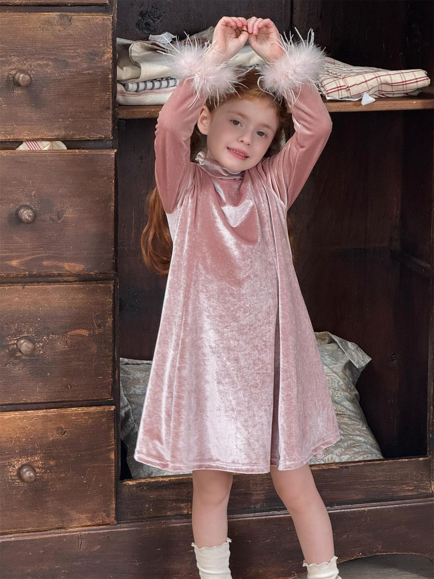 ベロアワンピース ハイネック 裏起毛 パーティドレス【mh0011752】