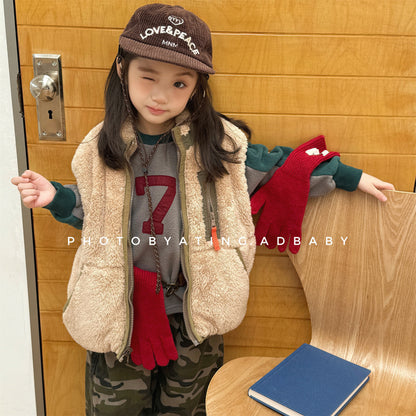 パッチワークベスト 裏ボアフリース スタンドカラー【mh0011920】