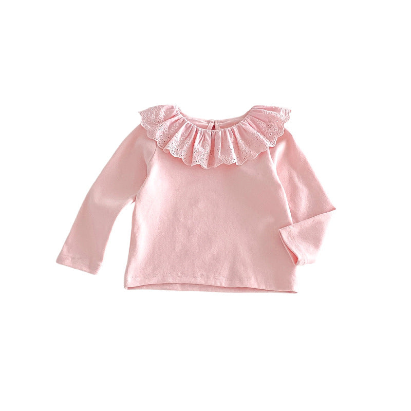 Camiseta de manga larga con cuello y dobladillo de volantes para niñas y pantalón acampanado【mh0014029】