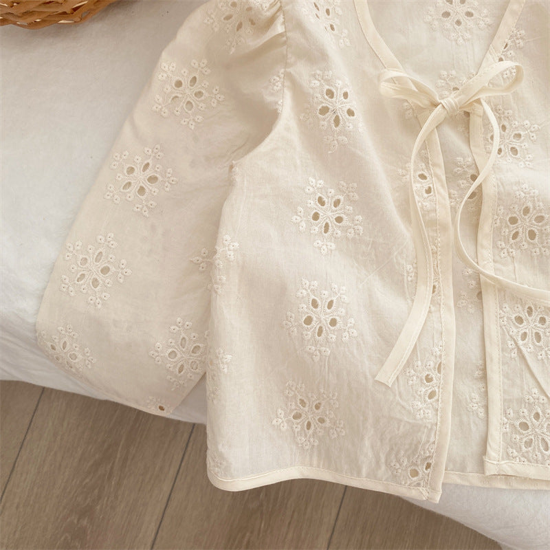 Baby/Kids Flower Embroidery Lace Long-Sleeve Collarless Cardigan [mh0001791]