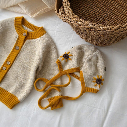 キッズ サンフラワー フラワー 刺繍 帽子付き ニット カーディガン【mh0014531】