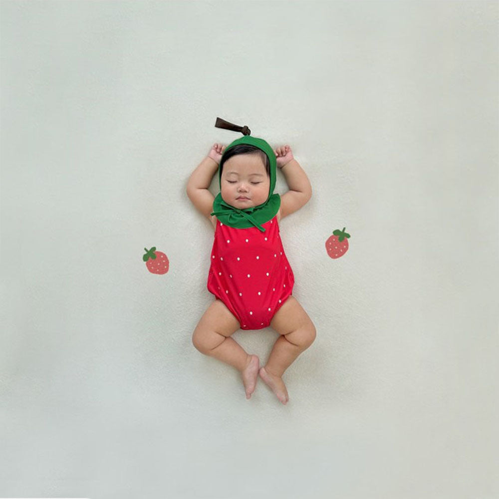 Watermelon Strawberry Fruit Motif One-Piece Swimsuit With Hat スイカ いちご ベビー ワンピース水着【mh0013377】