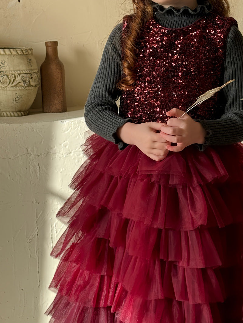 ノースリーブワンピース スパンコール メッシュチュチュスカート ドレス【mh0011894】