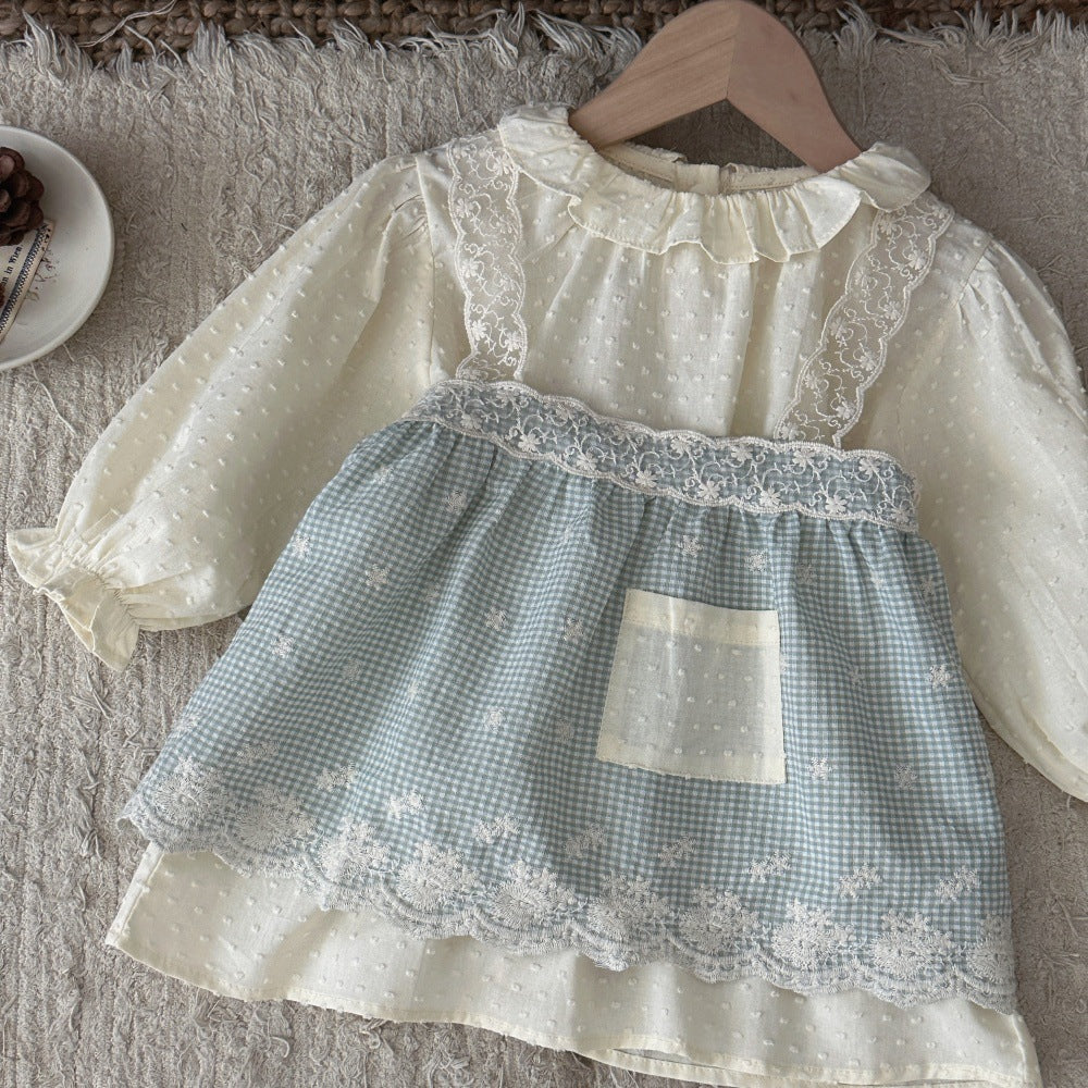 Vestido de manga larga para bebé y niña con cuello con volantes, jacquard, estampado de cuadros vichy y vestido tipo camisola con encaje 【mh0014482】