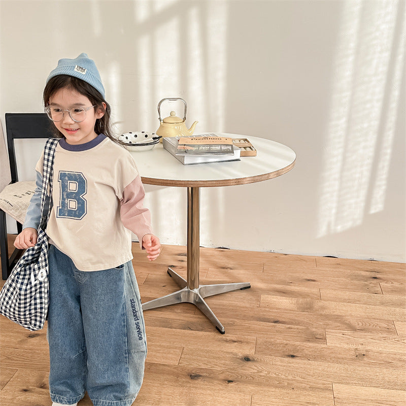 Kids Tops Long Sleeve T-Shirt Patchwork Letter Logo Print 2 Colors
