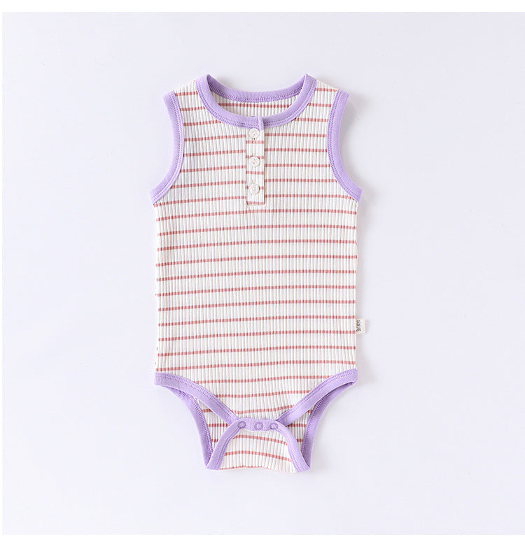 Striped Ribbed Cotton Romper マルチボーダー 半袖ノースリーブロンパース【mh0013597】