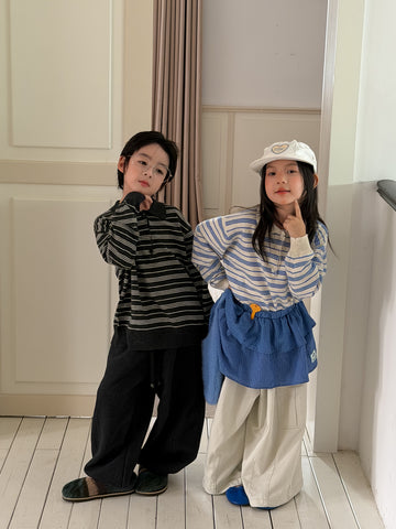 キッズ ジュニア レトロ ボーダー 襟付き ルーズ ポロニット セーター【mh0014383】