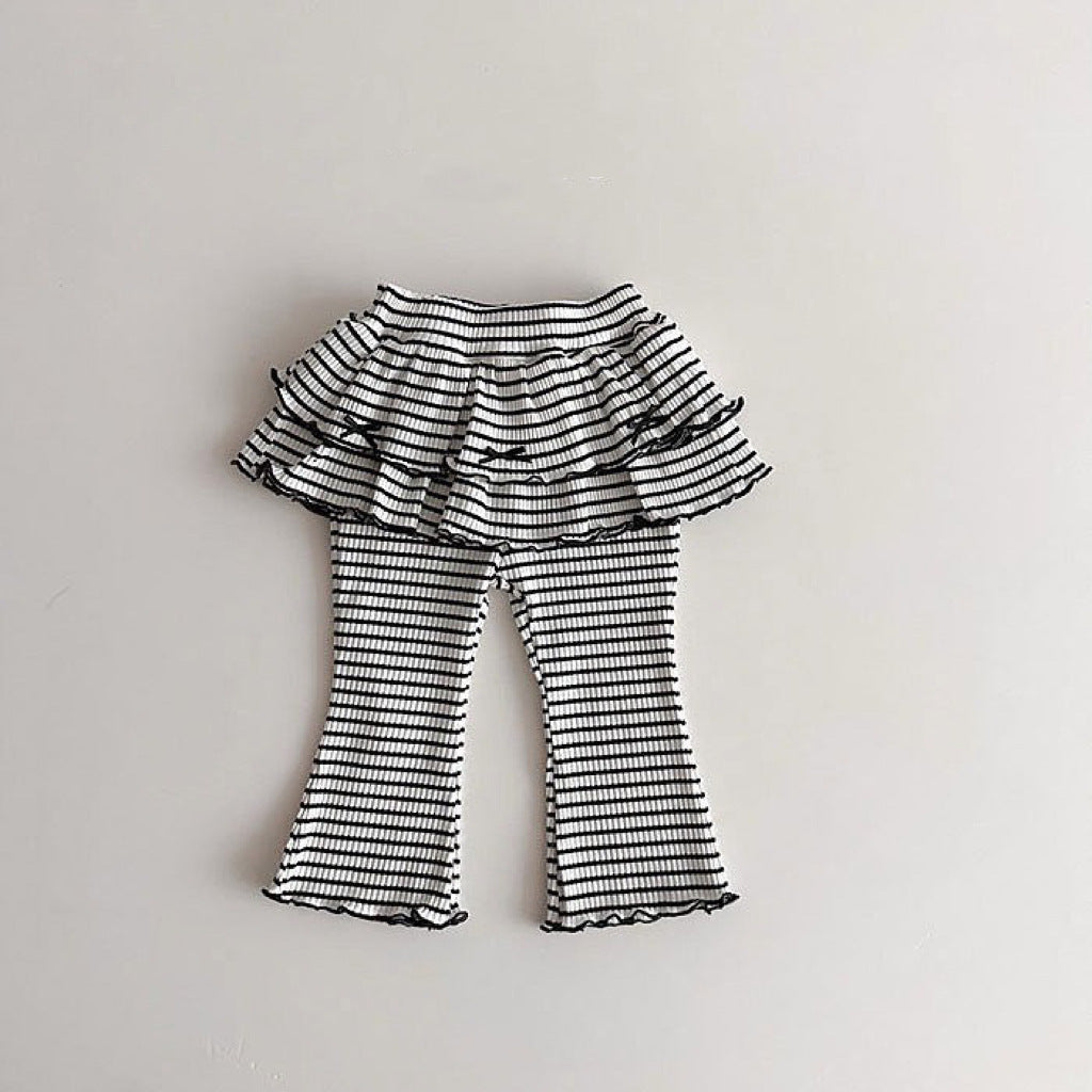 Tiered Skirt Ribbed Flared Pants ストライプフリル付ロングパンツ【mh0012935】