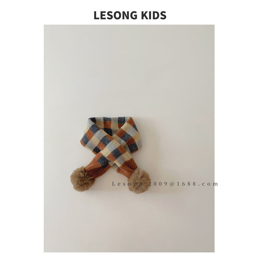 キッズマフラー カラフル ブロックチェック ぽんぽん ネックウォーマー【mh0011843】