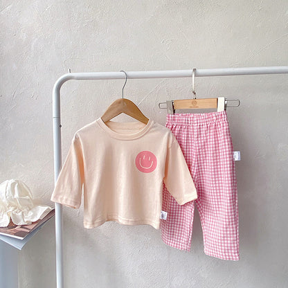 Smiley Long Sleeve Tee & Plaid Pants Set スマイル プリント チェック柄 セットアップ【mh0012672】